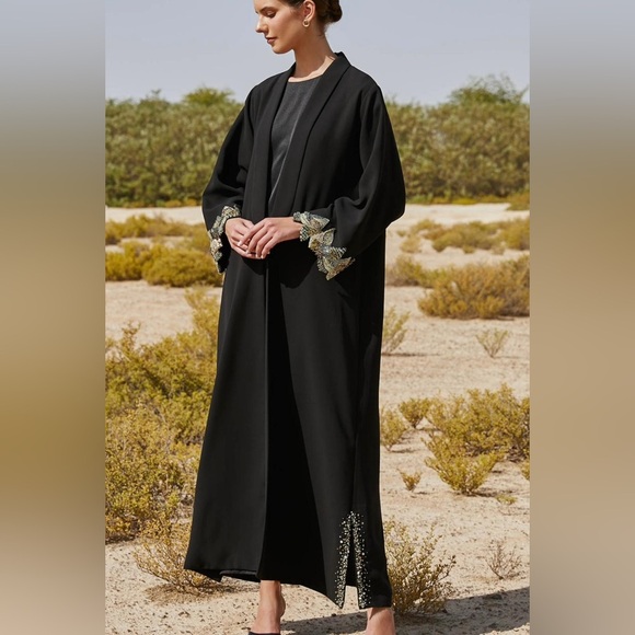 Custom made black and green beaded designer abaya - Picture 1 of 2